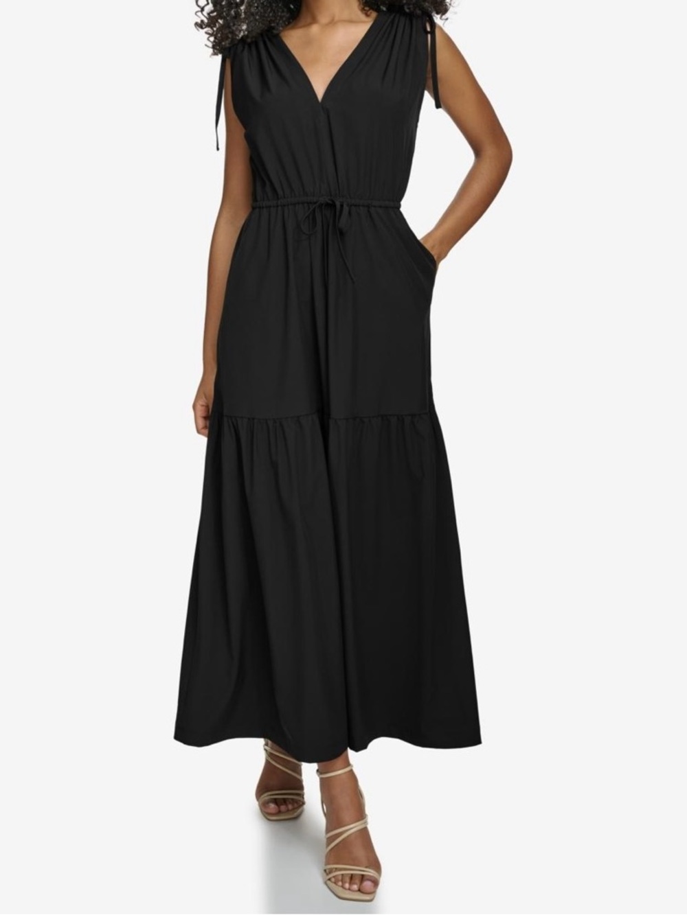 CALVIN KLEIN Black Tie-Shoulder V-Neck Maxi Dress